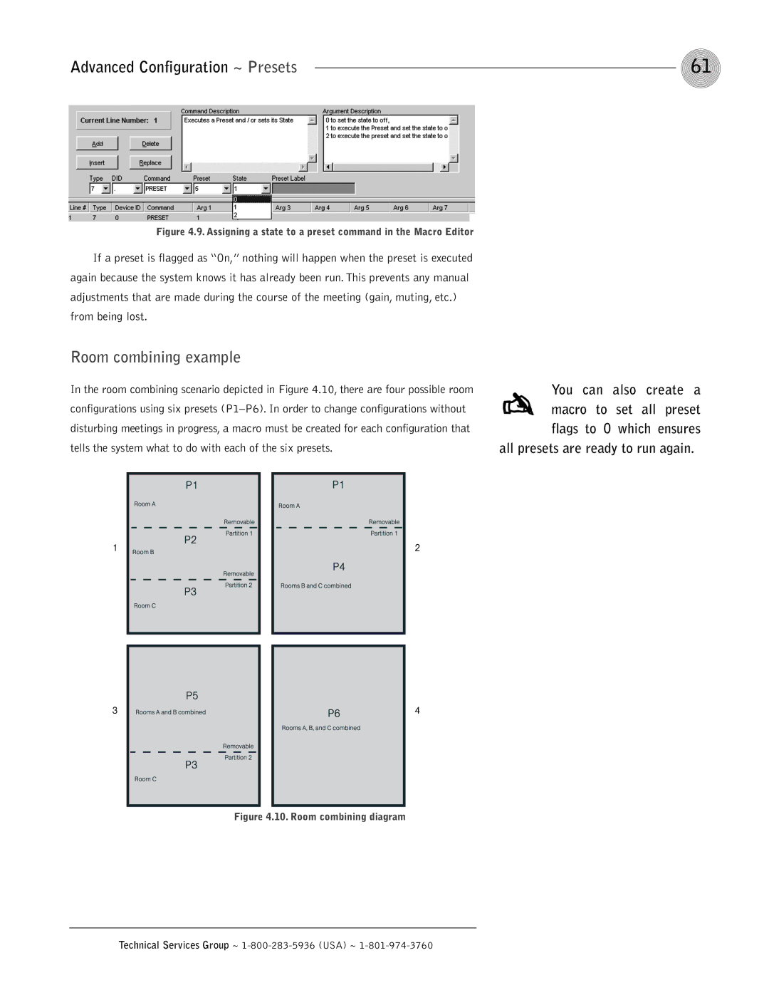 ClearOne comm XAP 800 operation manual Room combining example, Assigning a state to a preset command in the Macro Editor 