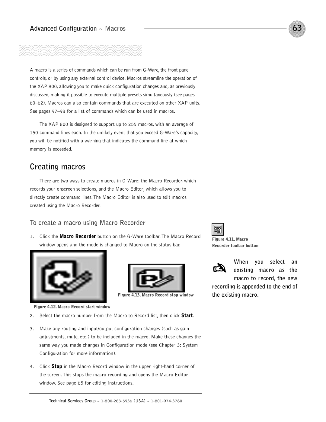 ClearOne comm XAP 800 operation manual Macros, Creating macros, To create a macro using Macro Recorder 