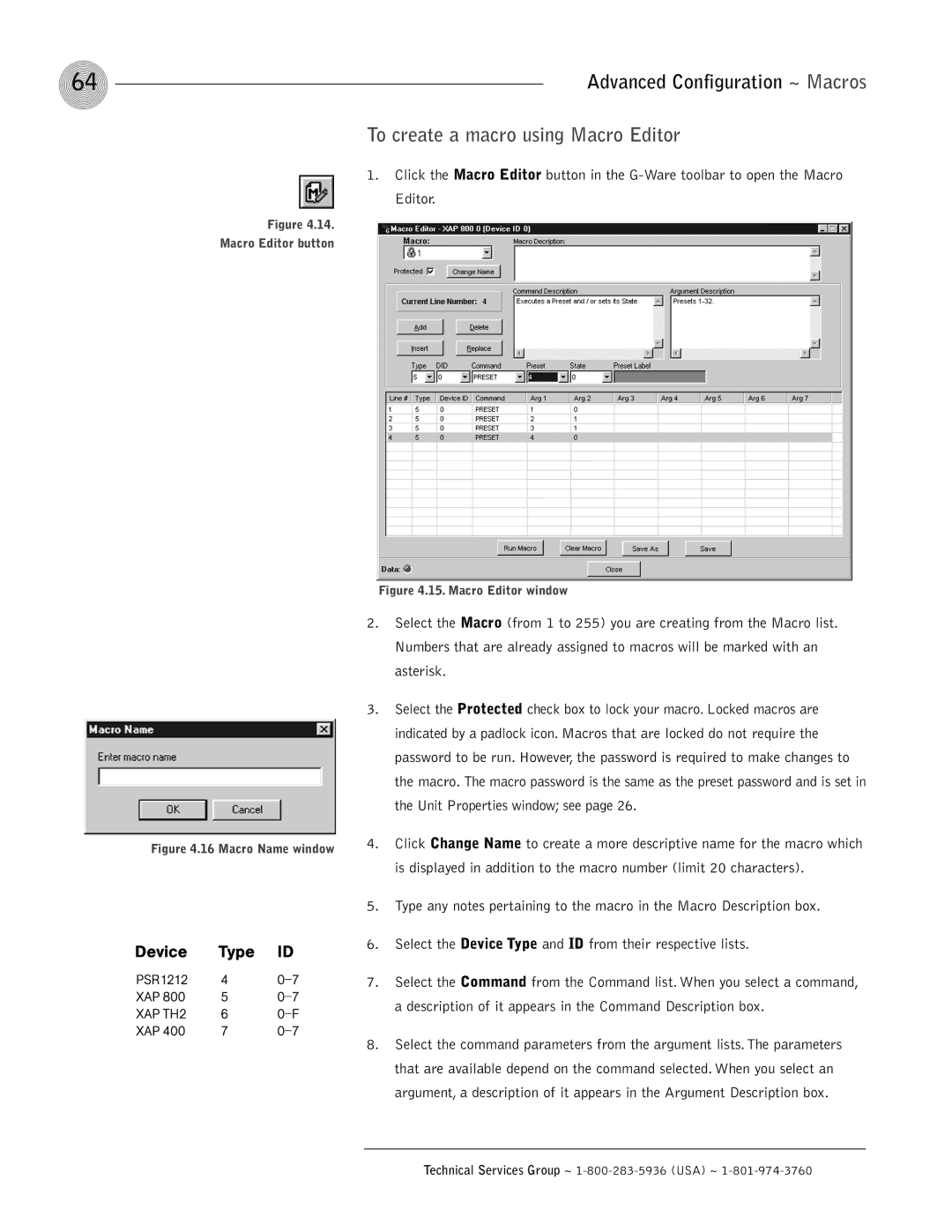 ClearOne comm XAP 800 operation manual To create a macro using Macro Editor, Macro Name window 