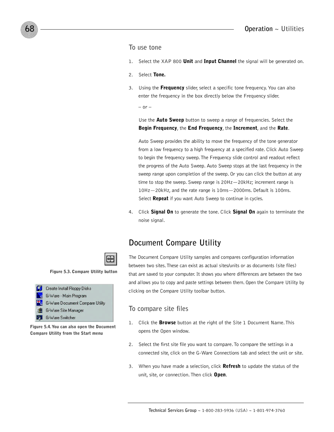 ClearOne comm XAP 800 operation manual Document Compare Utility, To use tone, To compare site files 