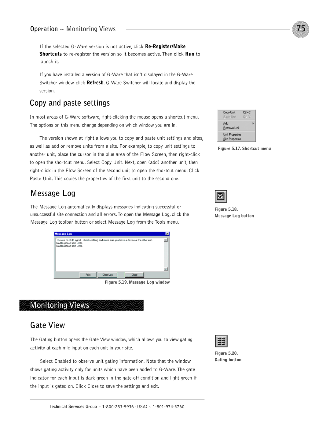 ClearOne comm XAP 800 operation manual Copy and paste settings, Message Log, Gate View, Operation ~ Monitoring Views 