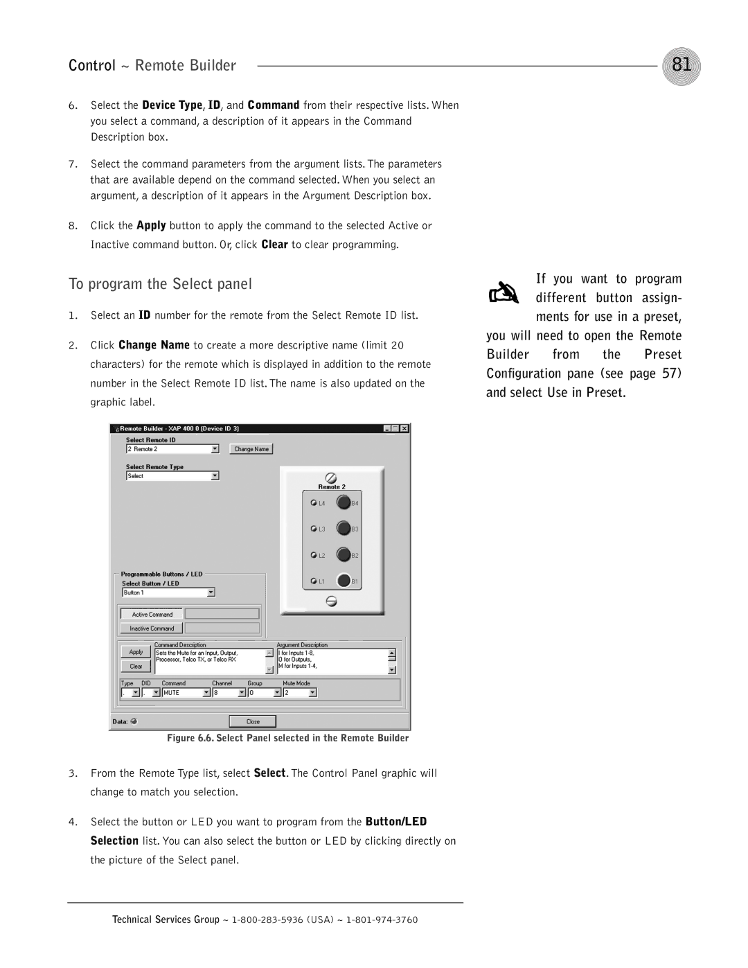 ClearOne comm XAP 800 operation manual Control ~ Remote Builder, To program the Select panel 