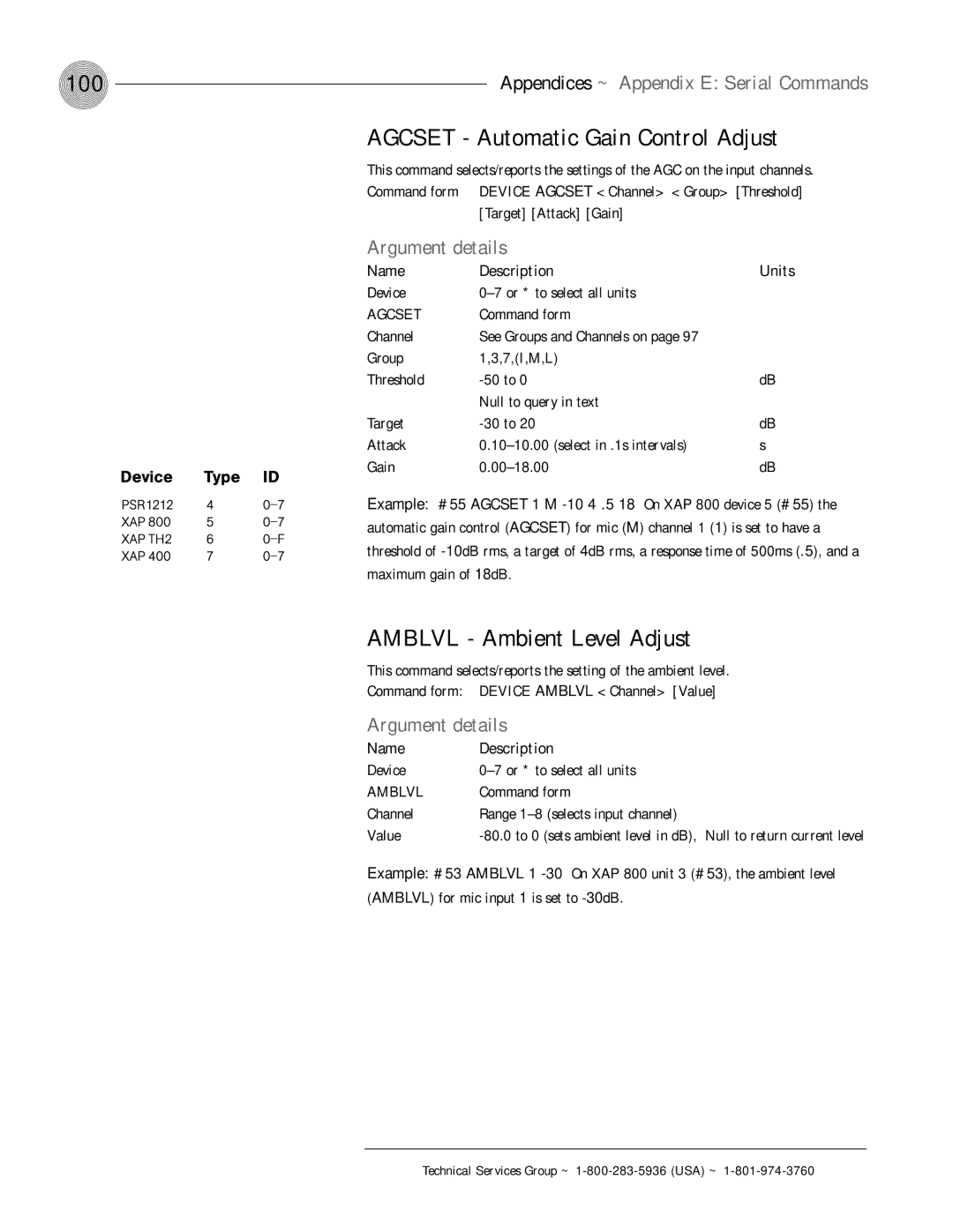 ClearOne comm XAP 800 operation manual 100, Agcset Automatic Gain Control Adjust, Amblvl Ambient Level Adjust 