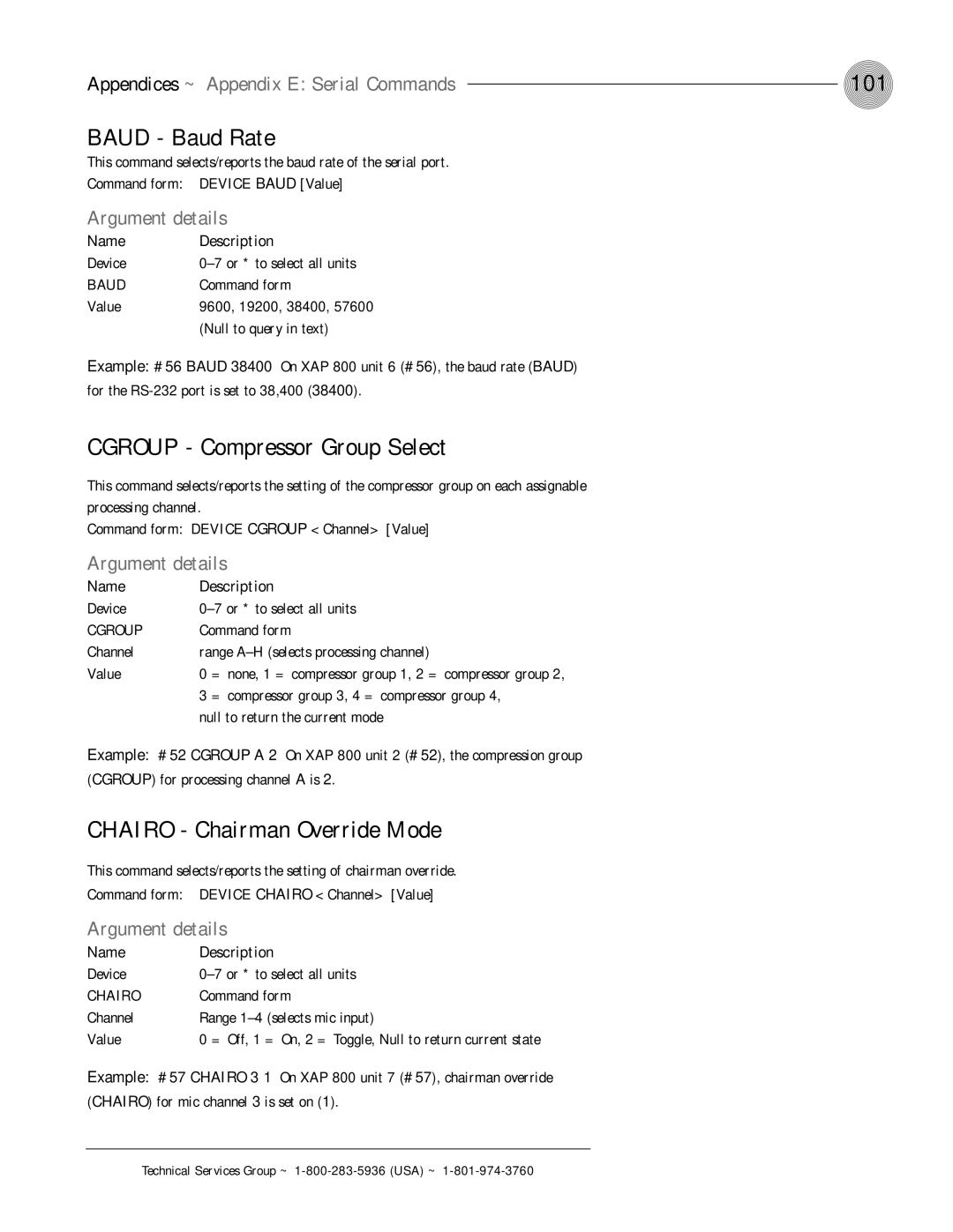 ClearOne comm XAP 800 operation manual 101, Baud Baud Rate, Cgroup Compressor Group Select, Chairo Chairman Override Mode 