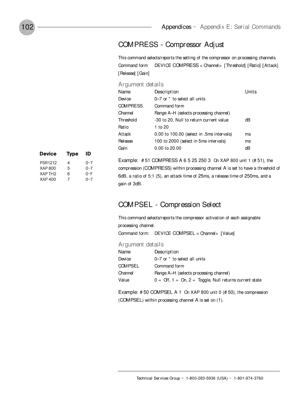 ClearOne comm XAP 800 operation manual 102, Compress Compressor Adjust, Compsel Compression Select, Gain of 3dB 