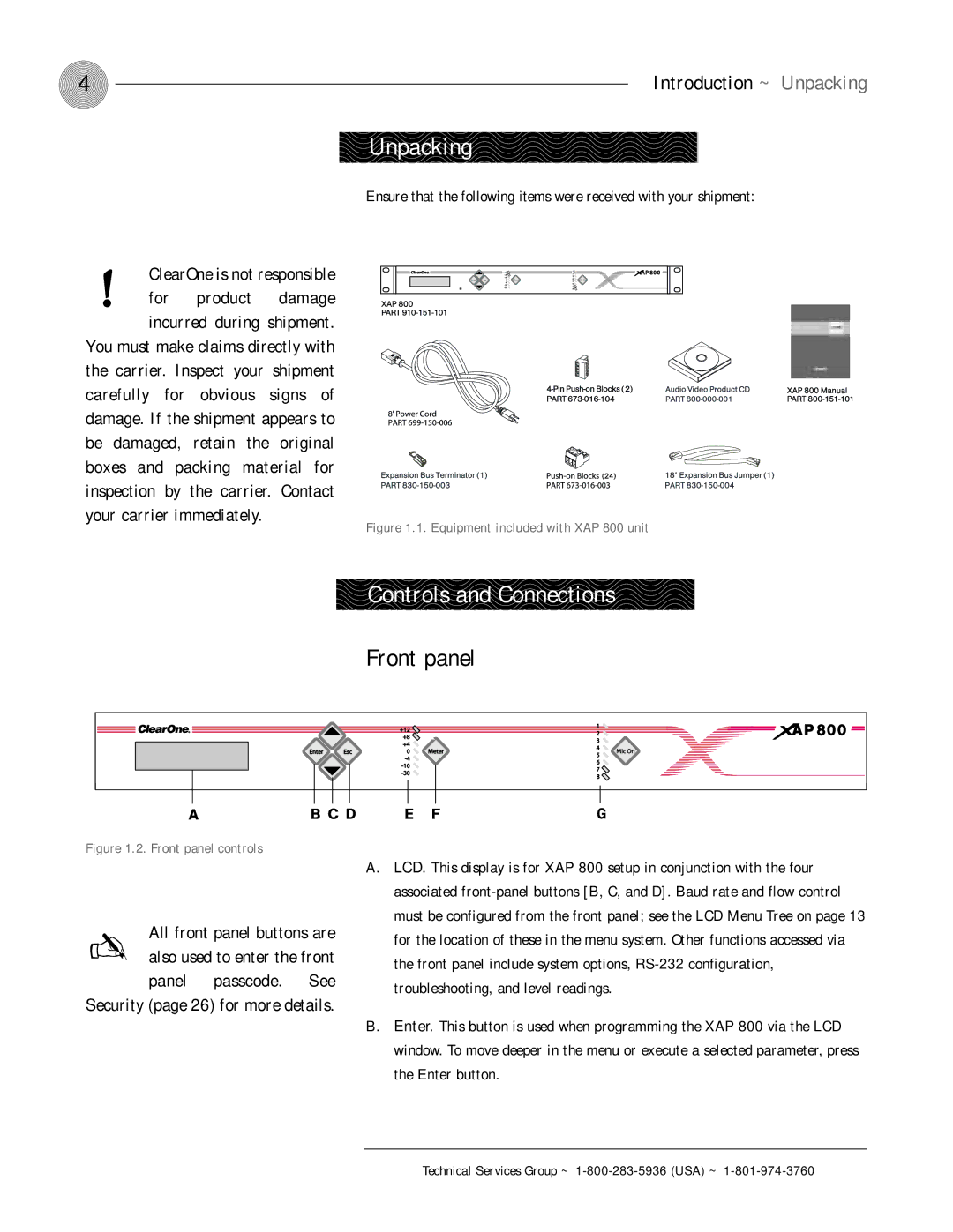 ClearOne comm XAP 800 operation manual Unpacking, Controls and Connections, Front panel, Security page 26 for more details 