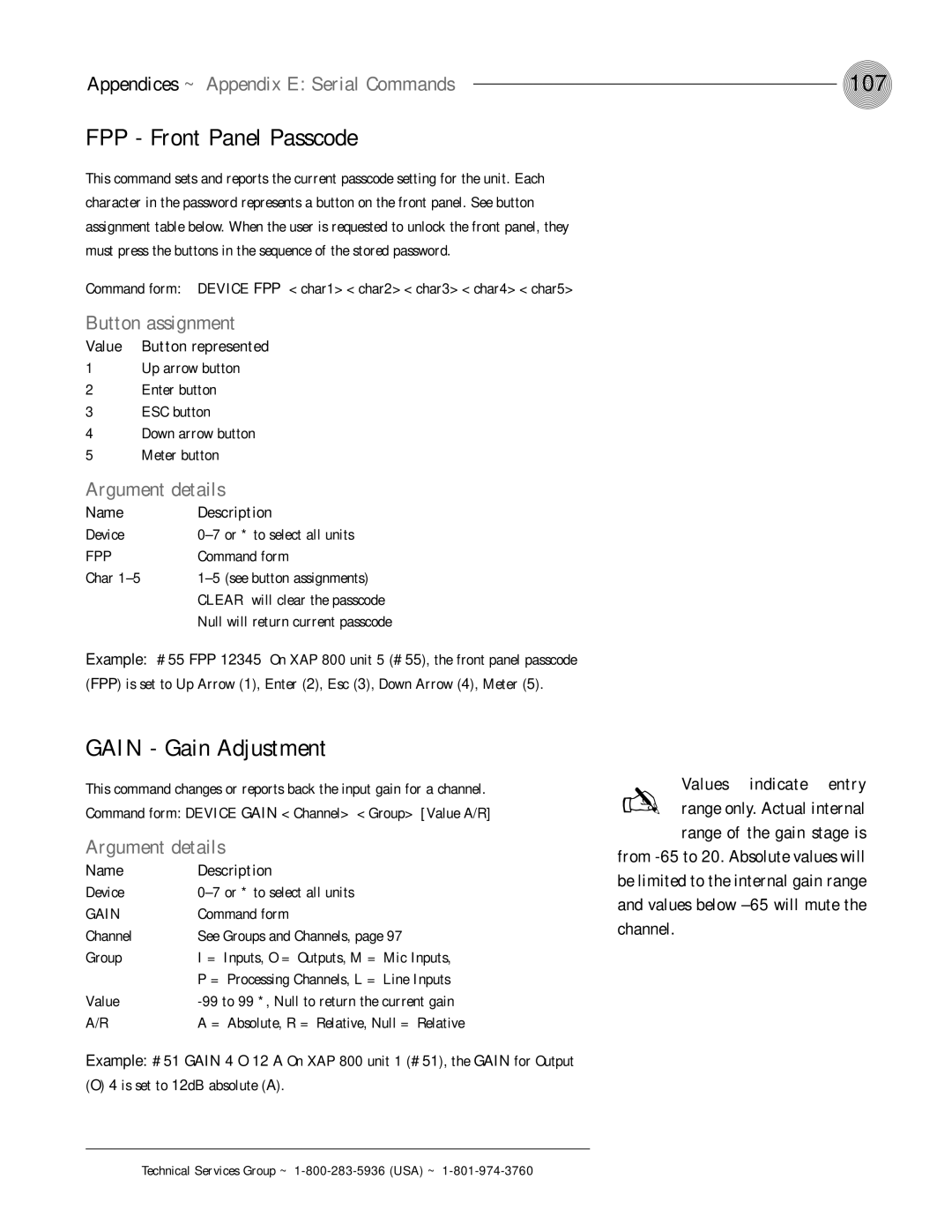 ClearOne comm XAP 800 107, FPP Front Panel Passcode, Gain Gain Adjustment, Button assignment, Value Button represented 