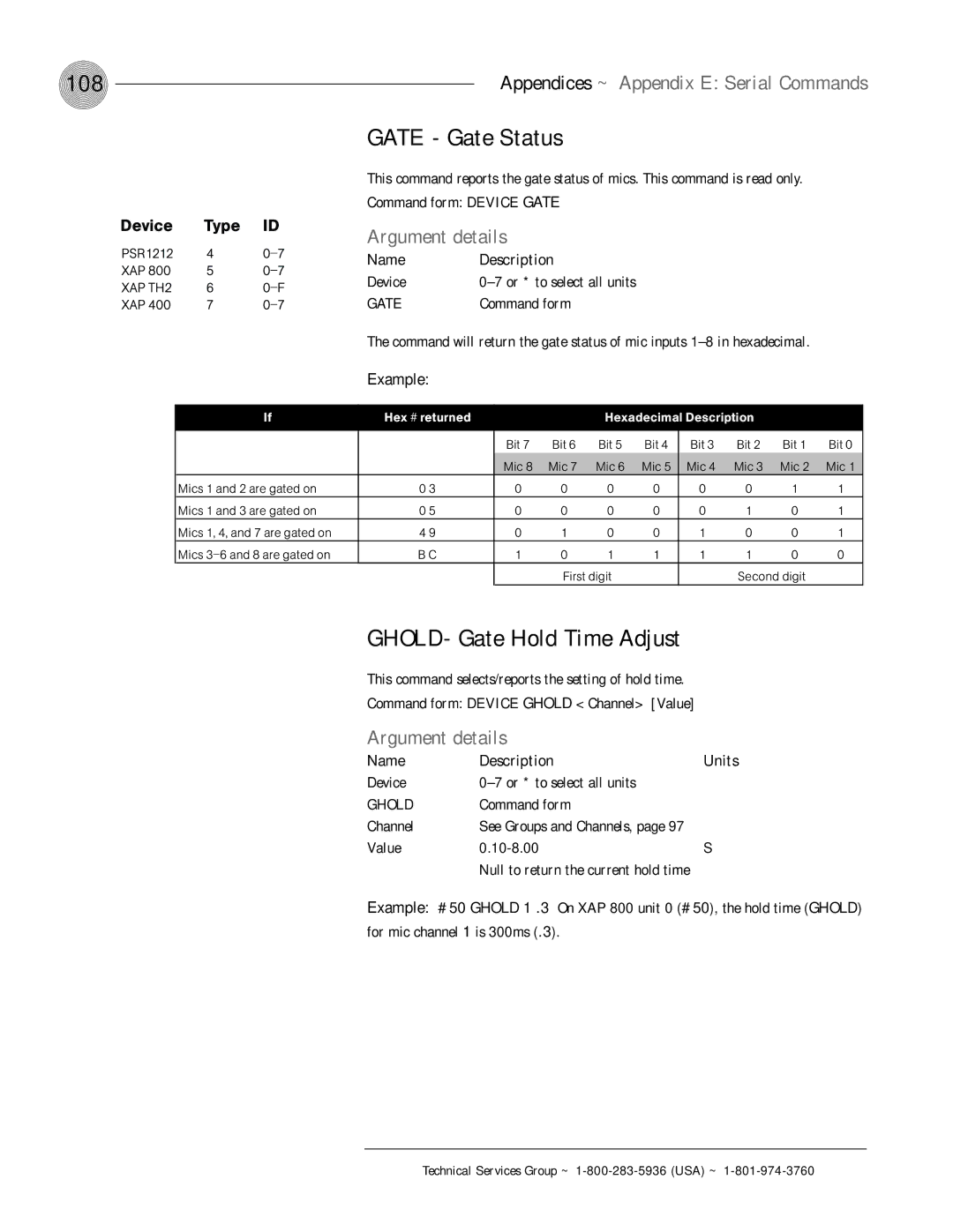 ClearOne comm XAP 800 operation manual 108, Gate Gate Status, GHOLD- Gate Hold Time Adjust, Example 