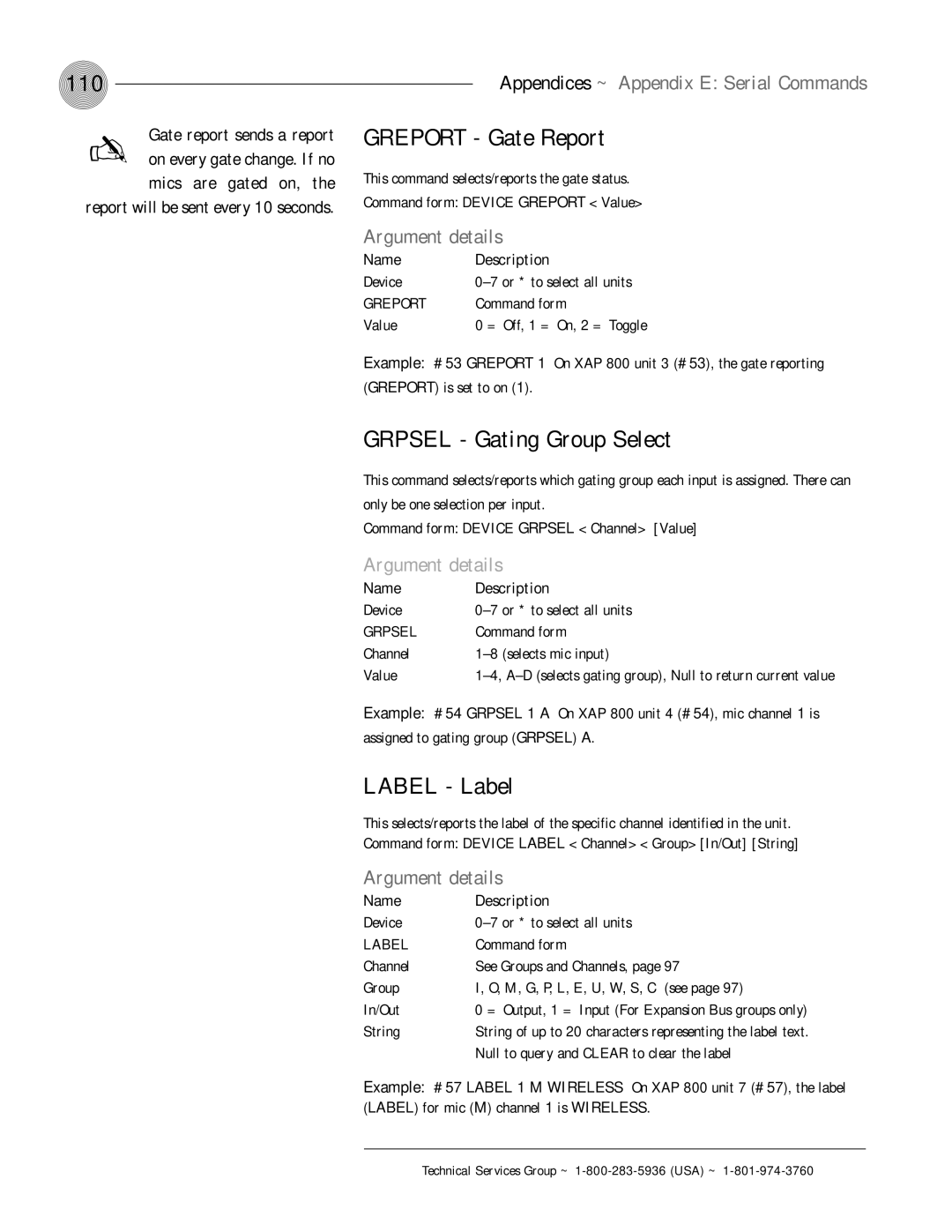 ClearOne comm XAP 800 operation manual 110, Greport Gate Report, Grpsel Gating Group Select, Label Label 