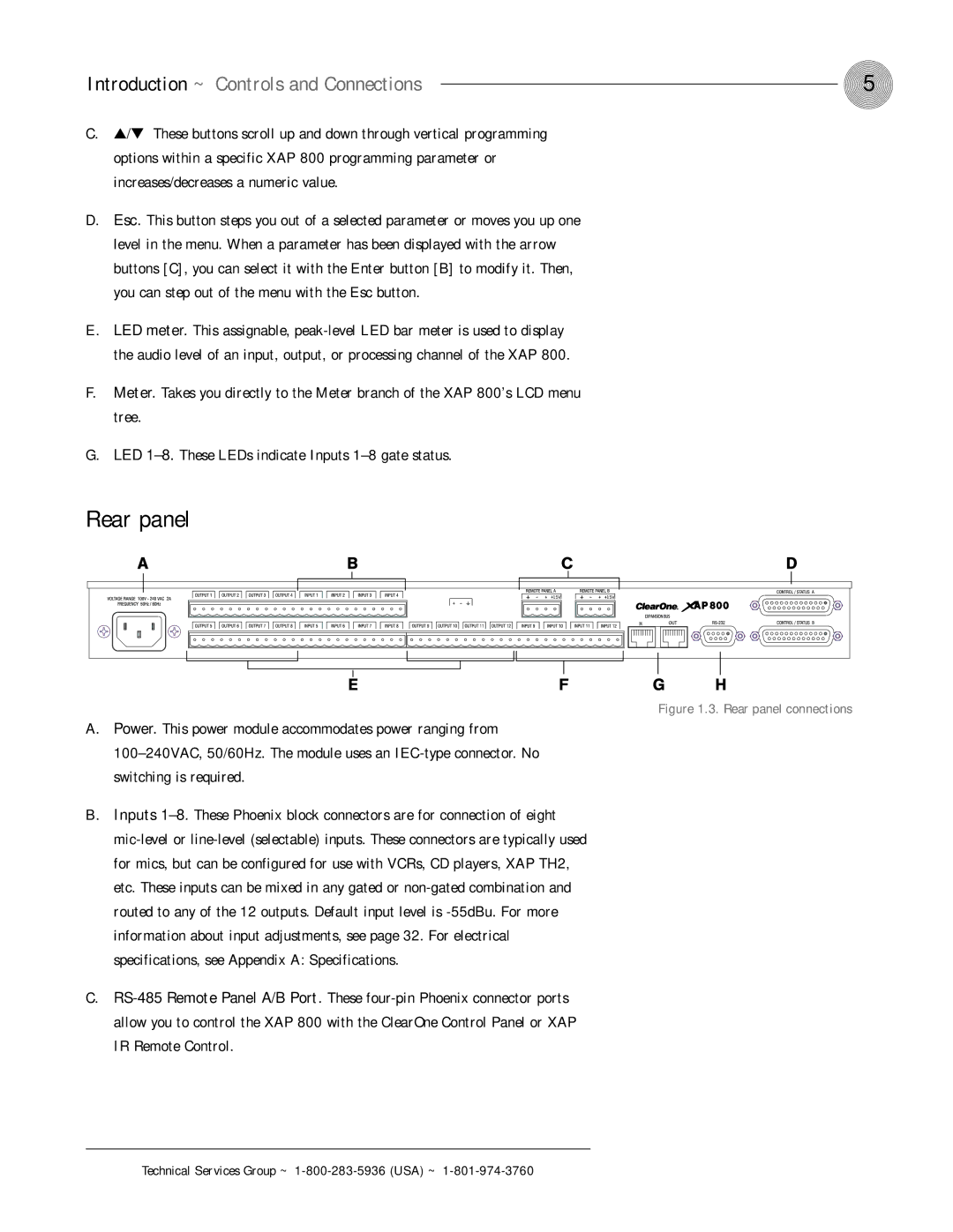 ClearOne comm XAP 800 operation manual Rear panel, Introduction ~ Controls and Connections 