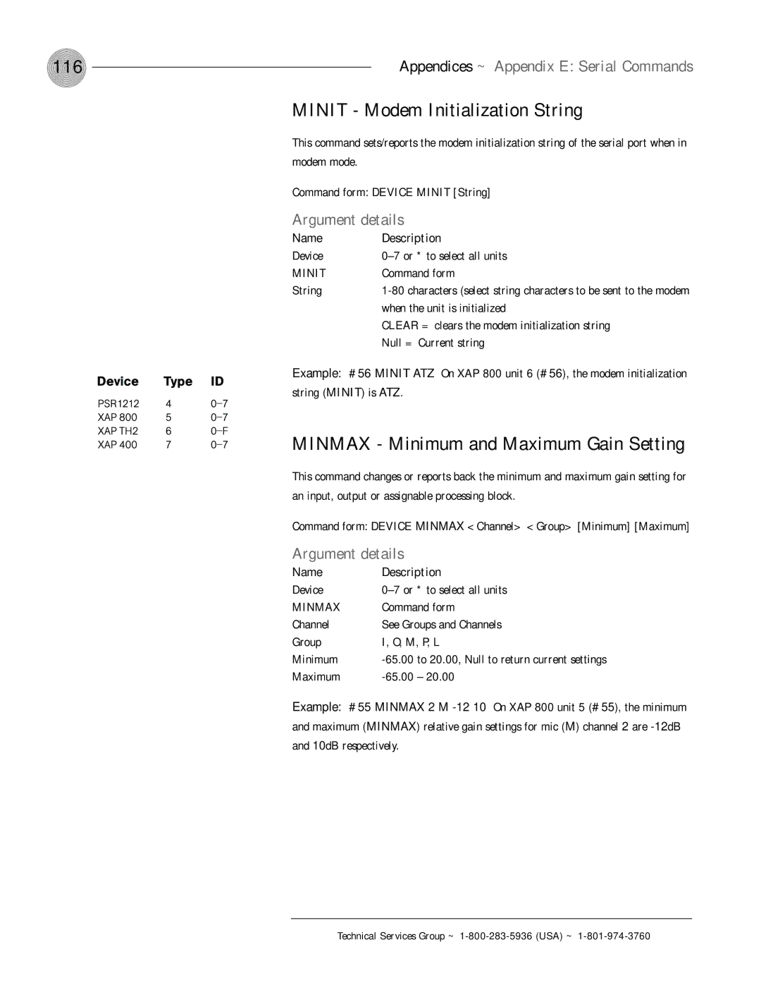 ClearOne comm XAP 800 operation manual 116, Minit Modem Initialization String, Minmax Minimum and Maximum Gain Setting 