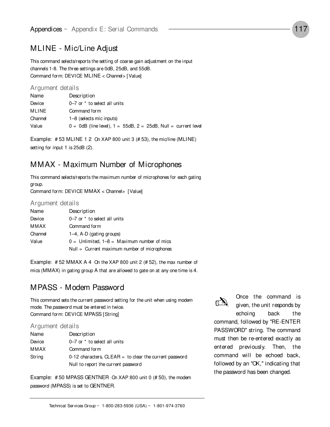 ClearOne comm XAP 800 117, Mline Mic/Line Adjust, Mmax Maximum Number of Microphones, Mpass Modem Password, Command 