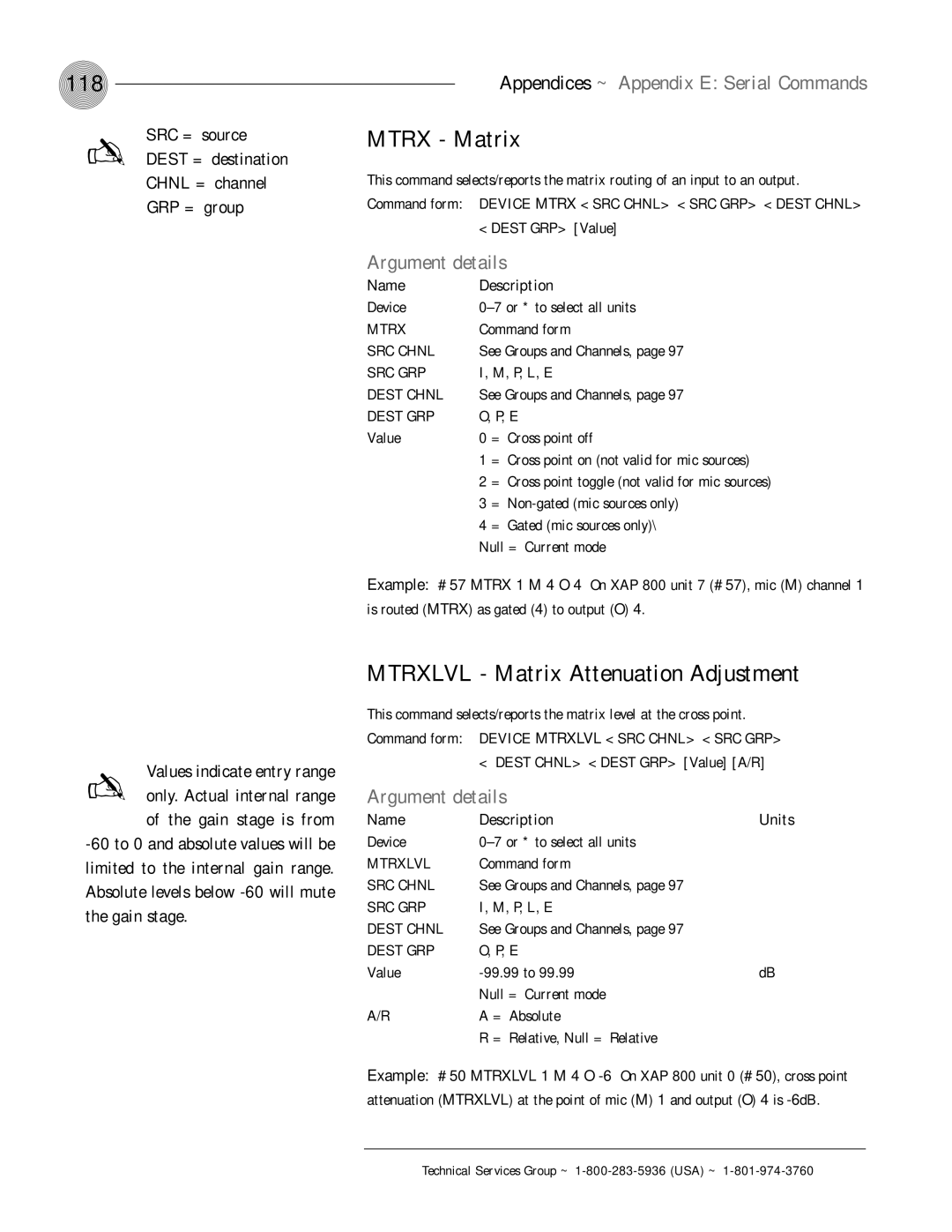 ClearOne comm XAP 800 operation manual 118, Mtrx Matrix, Mtrxlvl Matrix Attenuation Adjustment 