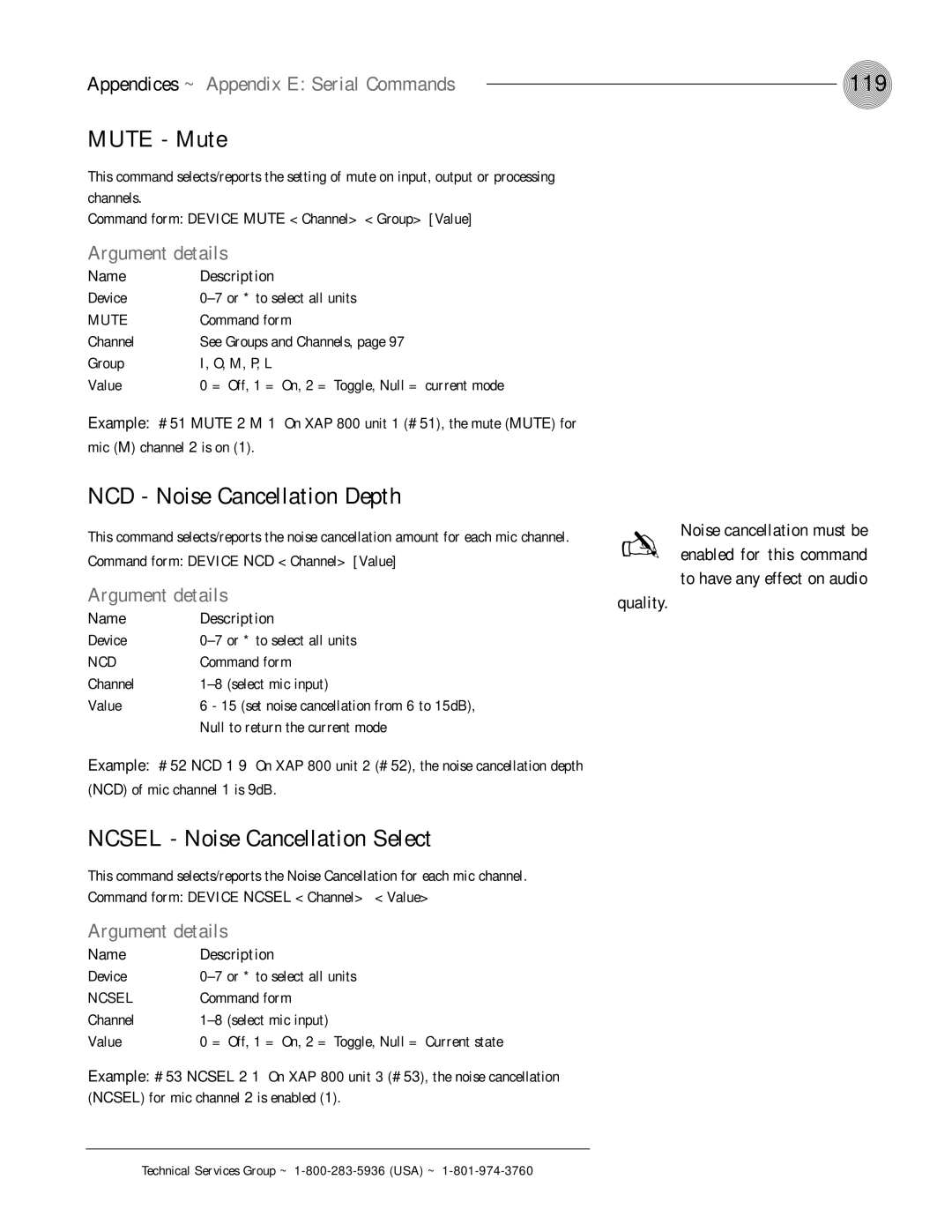 ClearOne comm XAP 800 operation manual 119, Mute Mute, NCD Noise Cancellation Depth, Ncsel Noise Cancellation Select 