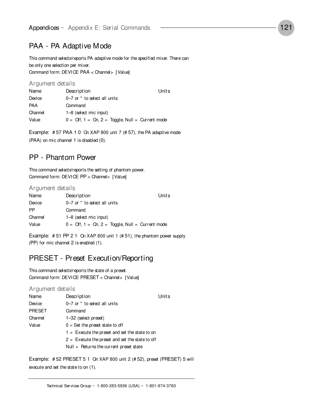 ClearOne comm XAP 800 operation manual 121, PAA PA Adaptive Mode, PP Phantom Power, Preset Preset Execution/Reporting 