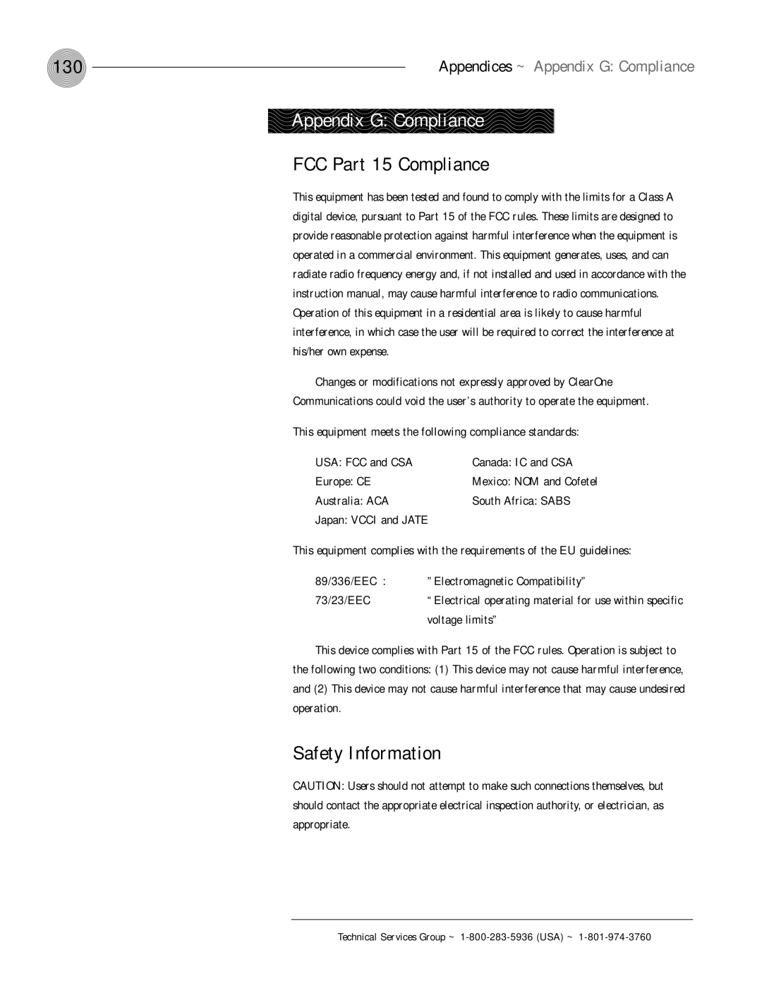 ClearOne comm XAP 800 130, Appendix G Compliance, FCC Part 15 Compliance, Safety Information, Voltage limits 