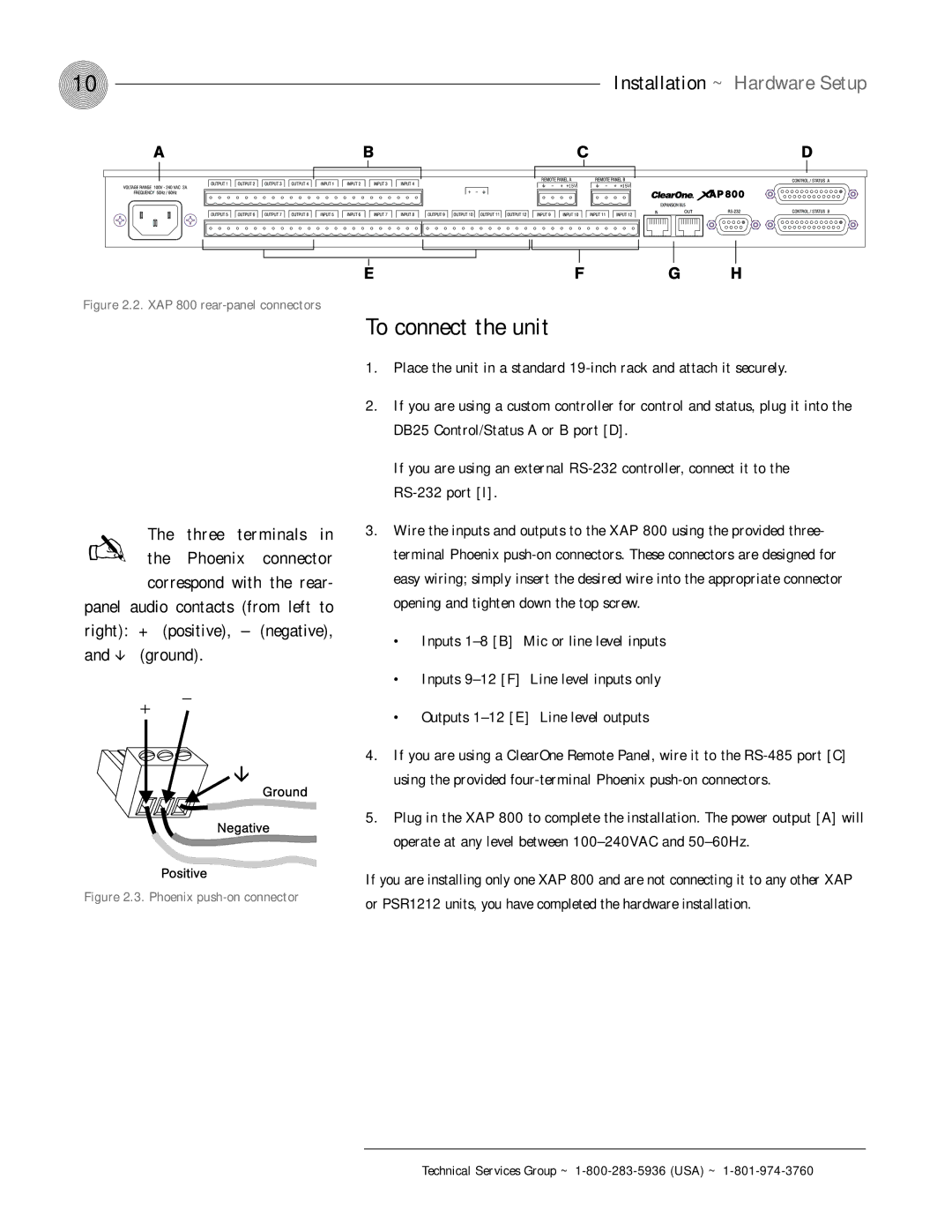 ClearOne comm XAP 800 operation manual To connect the unit, Installation ~ Hardware Setup 