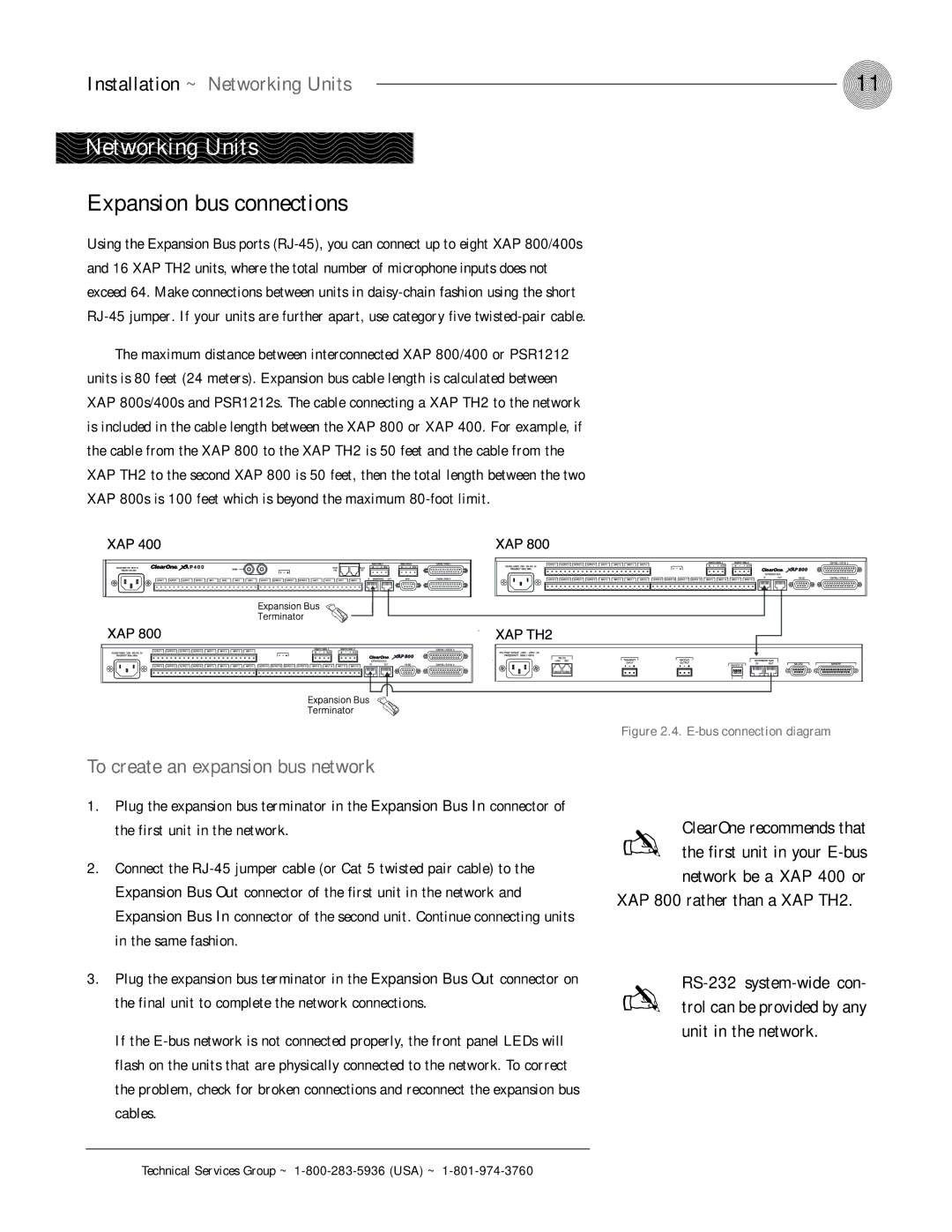 ClearOne comm XAP 800 Expansion bus connections, Installation ~ Networking Units, To create an expansion bus network 