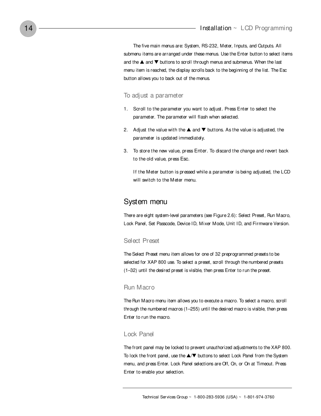 ClearOne comm XAP 800 operation manual System menu, To adjust a parameter, Select Preset, Run Macro, Lock Panel 