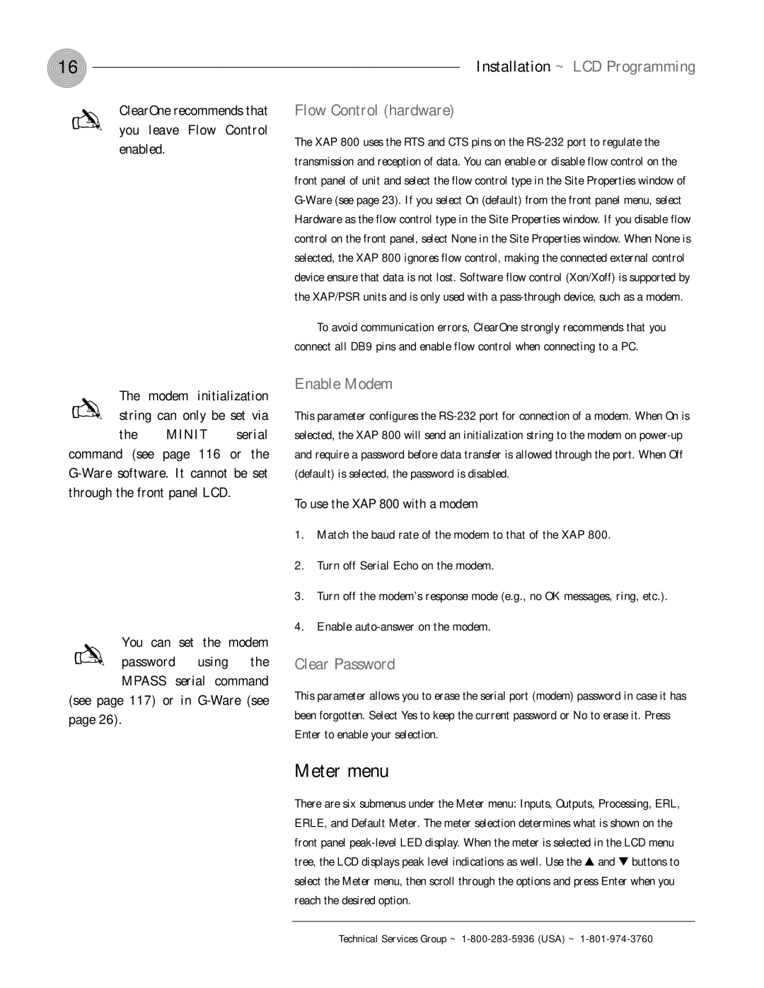 ClearOne comm XAP 800 operation manual Meter menu, Flow Control hardware, Enable Modem, Clear Password 