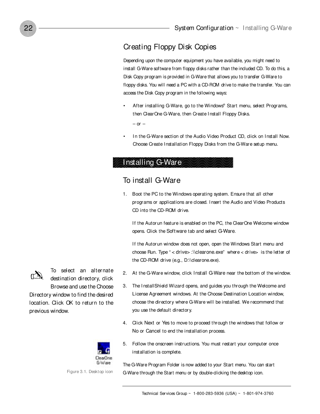 ClearOne comm XAP 800 operation manual Creating Floppy Disk Copies, Installing G-Ware, To install G-Ware 