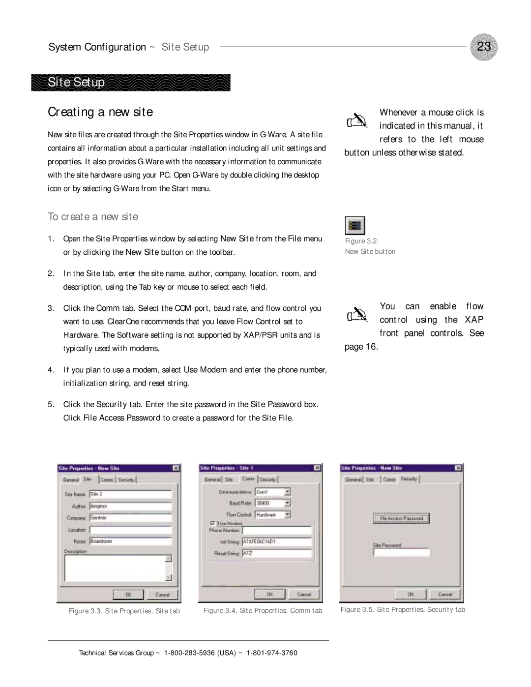 ClearOne comm XAP 800 operation manual Site Setup, Creating a new site, To create a new site, Control using 