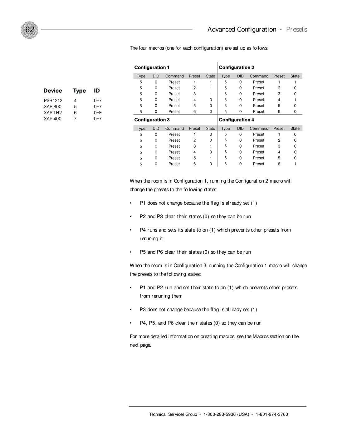 ClearOne comm XAP 800 operation manual Four macros one for each configuration are set up as follows 