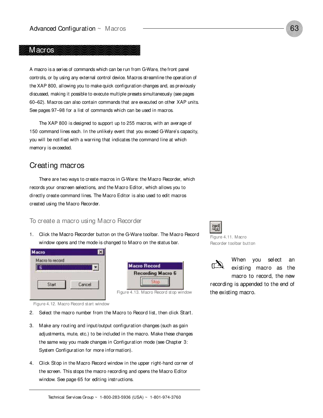 ClearOne comm XAP 800 operation manual Macros, Creating macros, To create a macro using Macro Recorder 