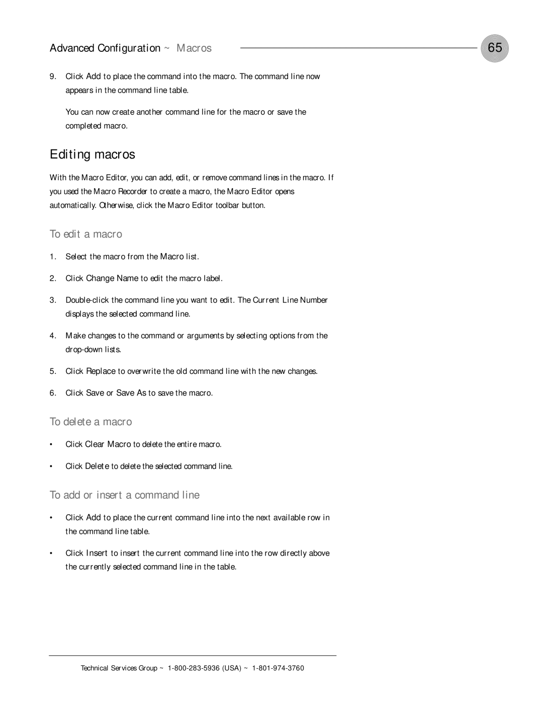 ClearOne comm XAP 800 operation manual Editing macros, To edit a macro, To delete a macro, To add or insert a command line 
