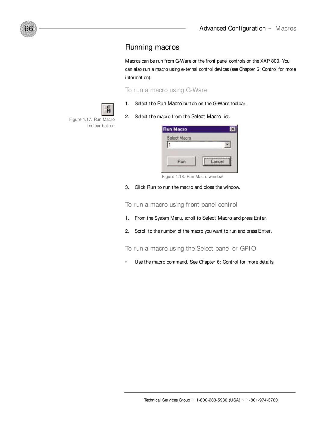 ClearOne comm XAP 800 operation manual Running macros, To run a macro using front panel control 