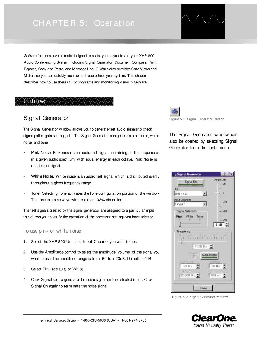 ClearOne comm XAP 800 operation manual Utilities, Signal Generator, To use pink or white noise 