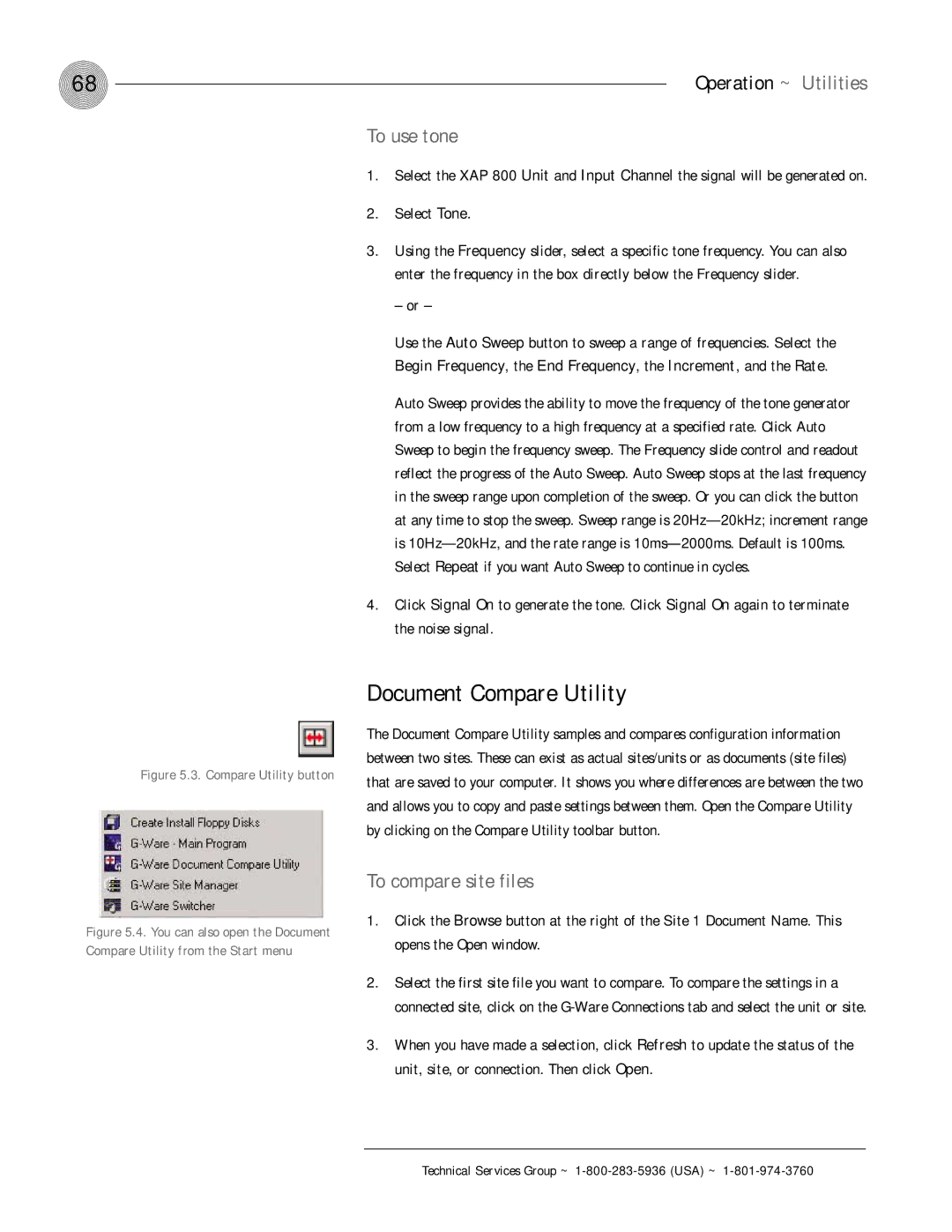 ClearOne comm XAP 800 operation manual Document Compare Utility, To use tone, To compare site files 