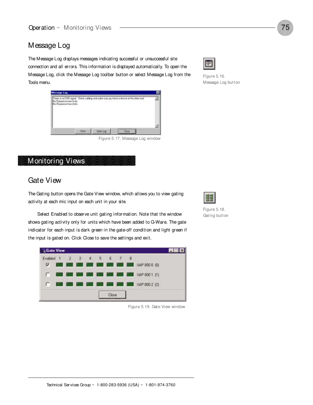 ClearOne comm XAP 800 operation manual Message Log, Gate View, Operation ~ Monitoring Views 