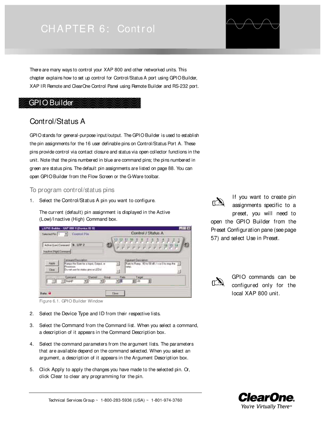 ClearOne comm XAP 800 operation manual Gpio Builder, Control/Status a, To program control/status pins 