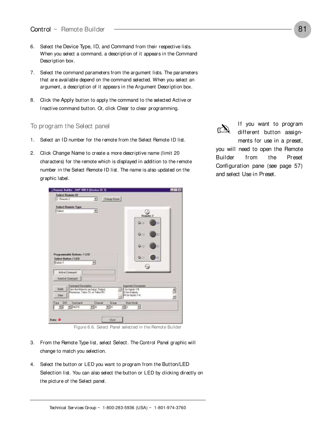 ClearOne comm XAP 800 operation manual Control ~ Remote Builder, To program the Select panel 