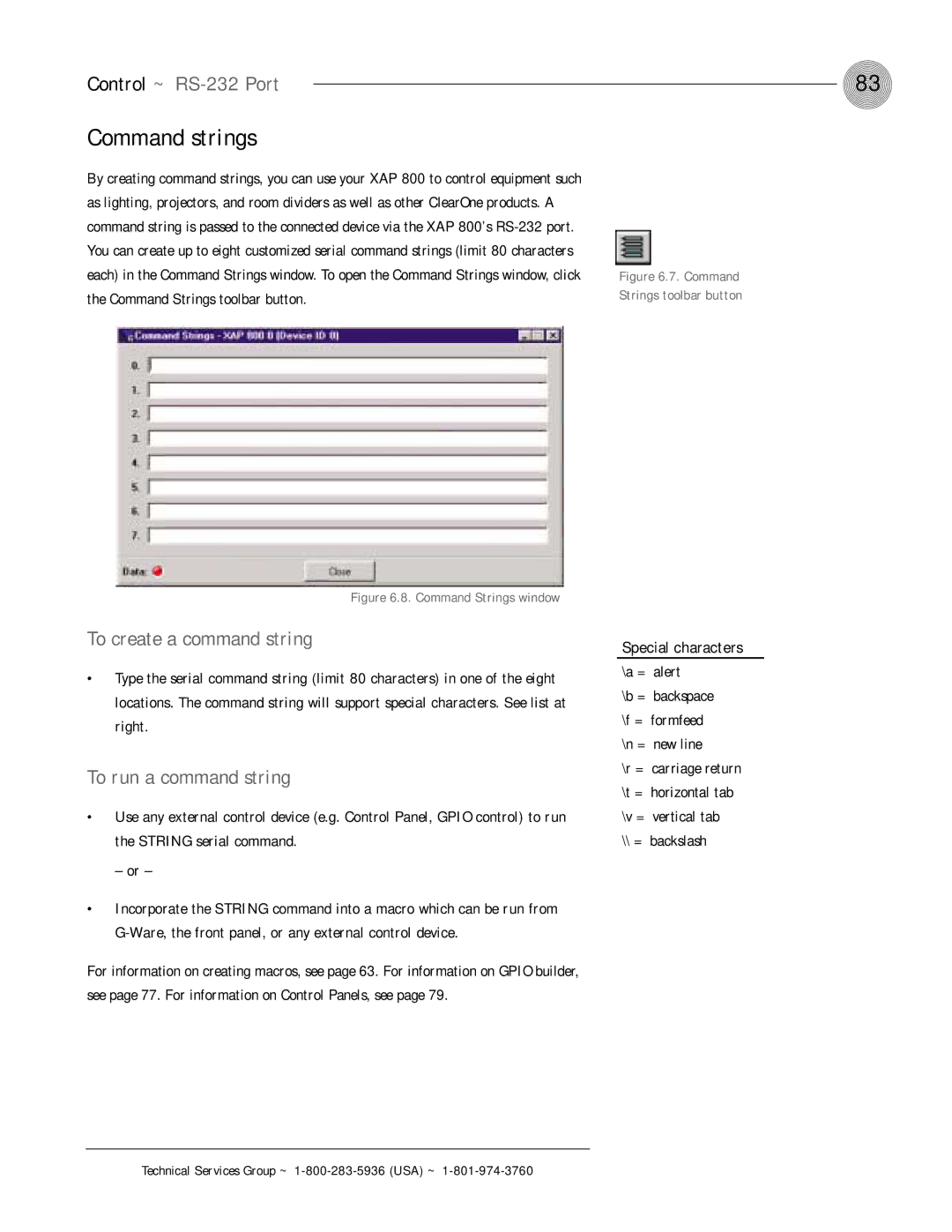 ClearOne comm XAP 800 Command strings, Control ~ RS-232 Port, To create a command string, To run a command string 