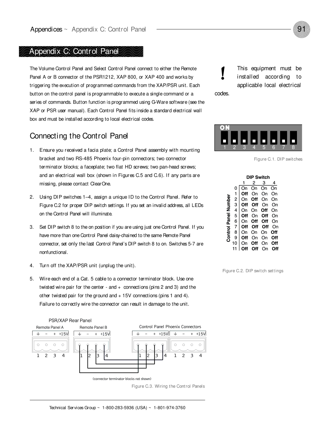 ClearOne comm XAP 800 operation manual Connecting the Control Panel, Appendices ~ Appendix C Control Panel 