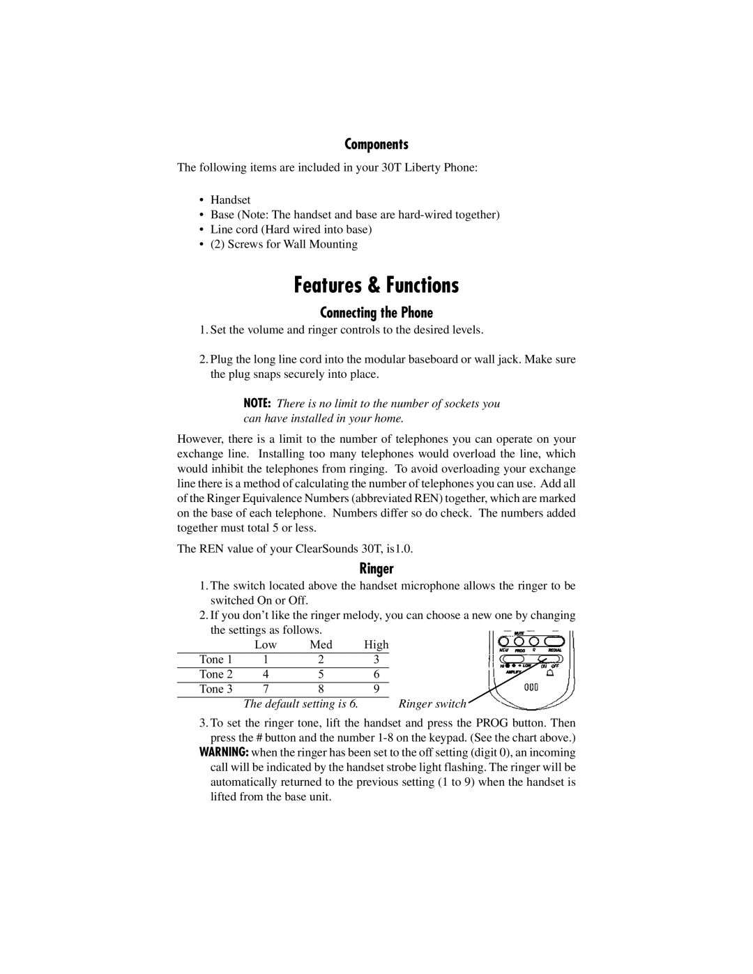 ClearSounds 30T manual Components, Connecting the Phone, Ringer 