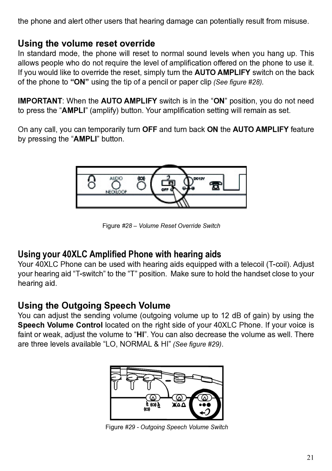 ClearSounds user manual Using the volume reset override, Using your 40XLC Ampliﬁed Phone with hearing aids 