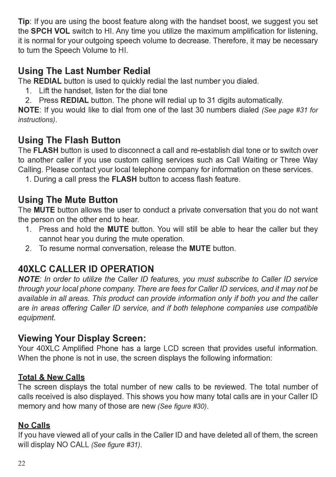 ClearSounds Using The Last Number Redial, Using The Flash Button, Using The Mute Button, 40XLC Caller ID Operation 