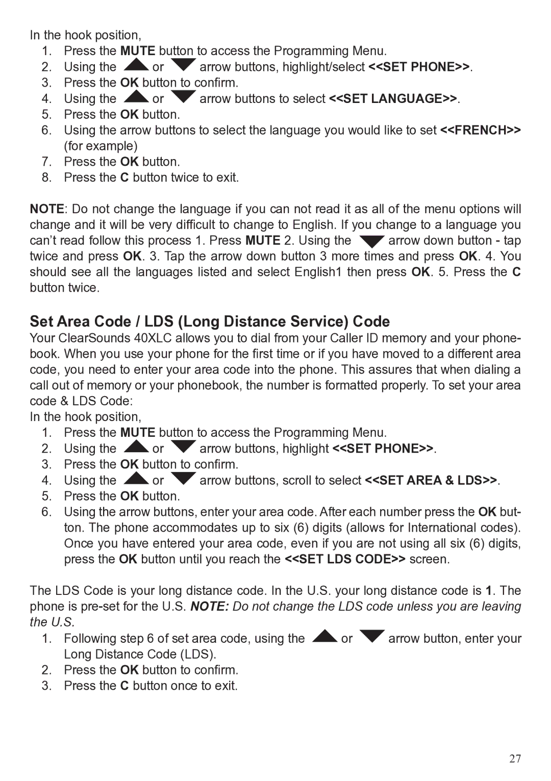 ClearSounds 40XLC user manual Set Area Code / LDS Long Distance Service Code 