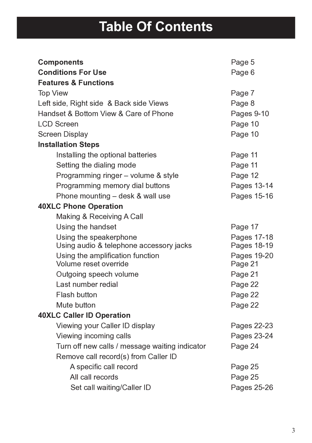 ClearSounds 40XLC user manual Table Of Contents 