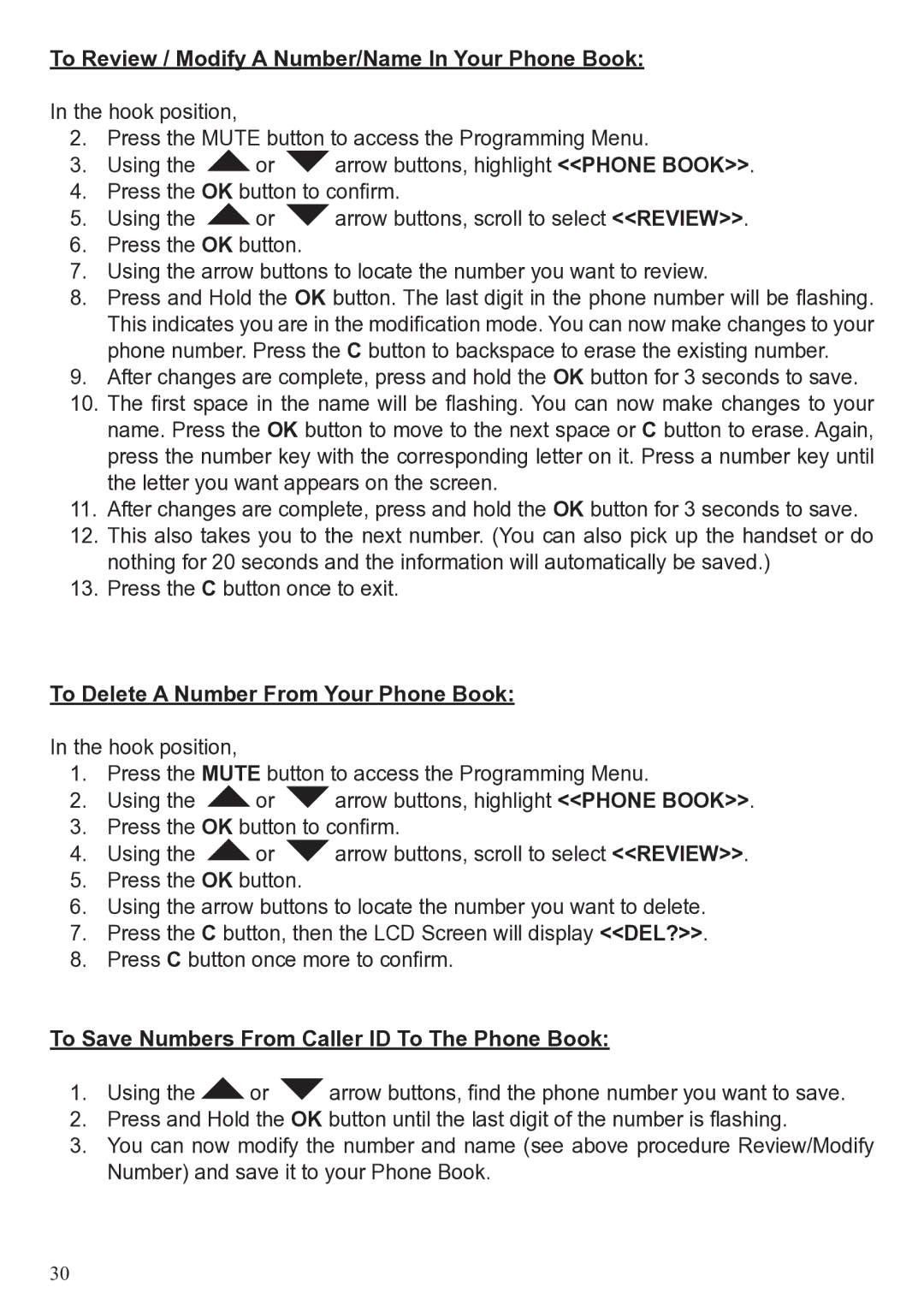 ClearSounds 40XLC user manual To Review / Modify a Number/Name In Your Phone Book, To Delete a Number From Your Phone Book 