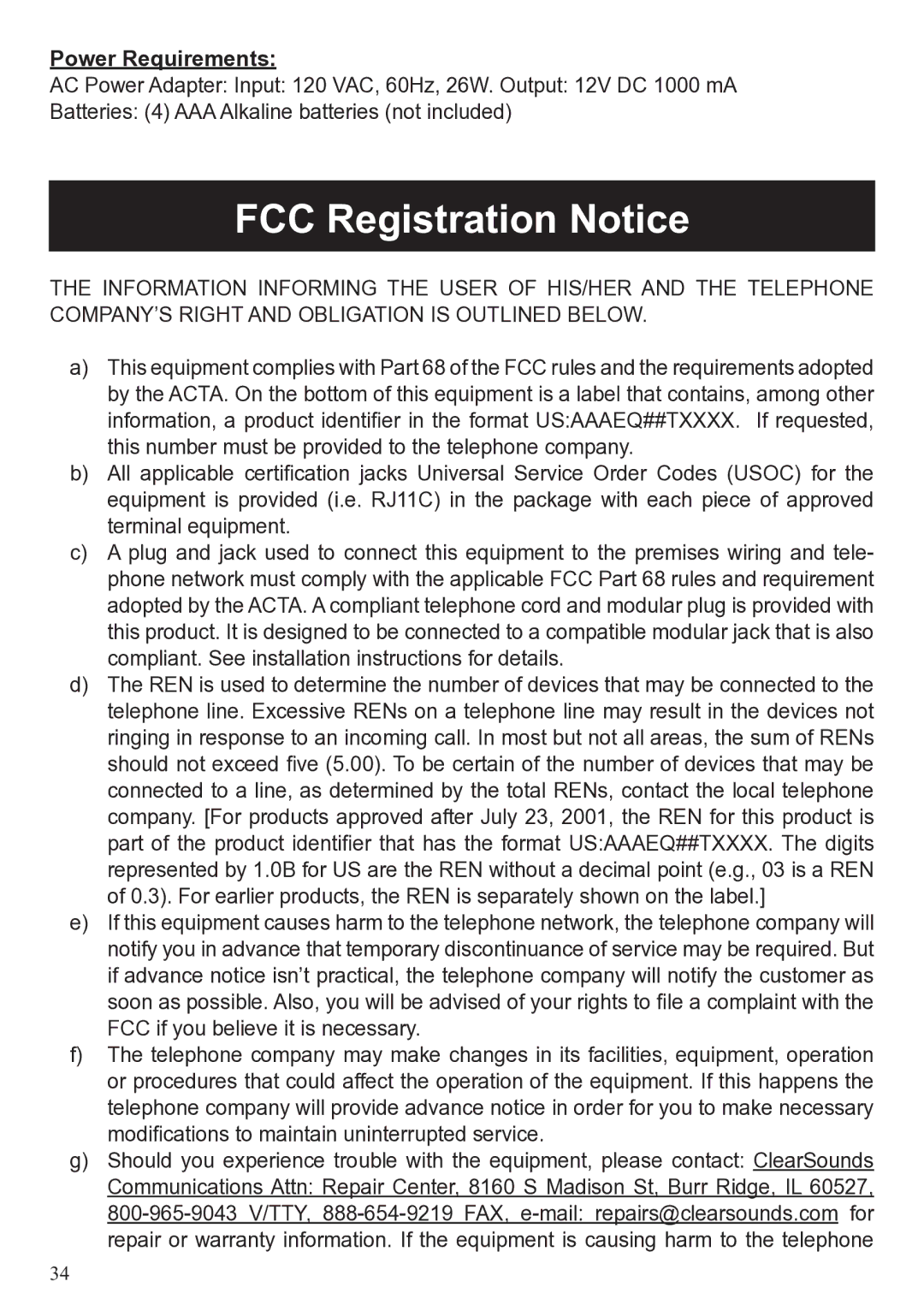 ClearSounds 40XLC user manual FCC Registration Notice, Power Requirements 