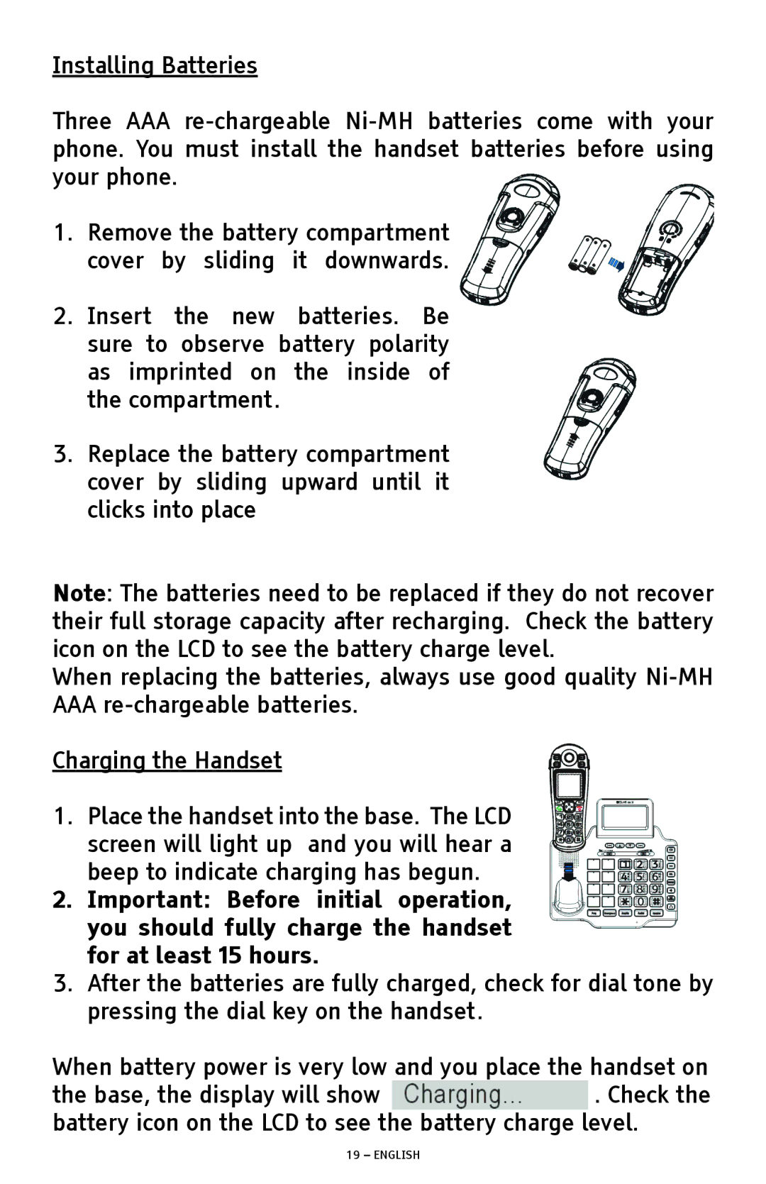 ClearSounds A1600 manual Installing Batteries, Charging the Handset 