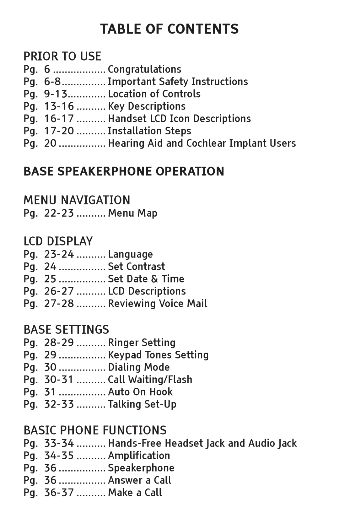 ClearSounds A1600 manual Table of Contents 