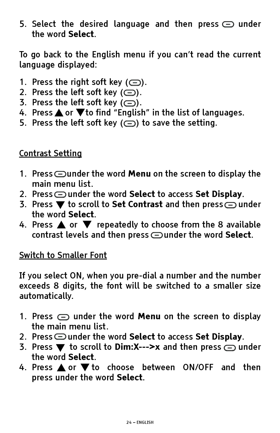 ClearSounds A1600 manual Contrast Setting, Switch to Smaller Font 