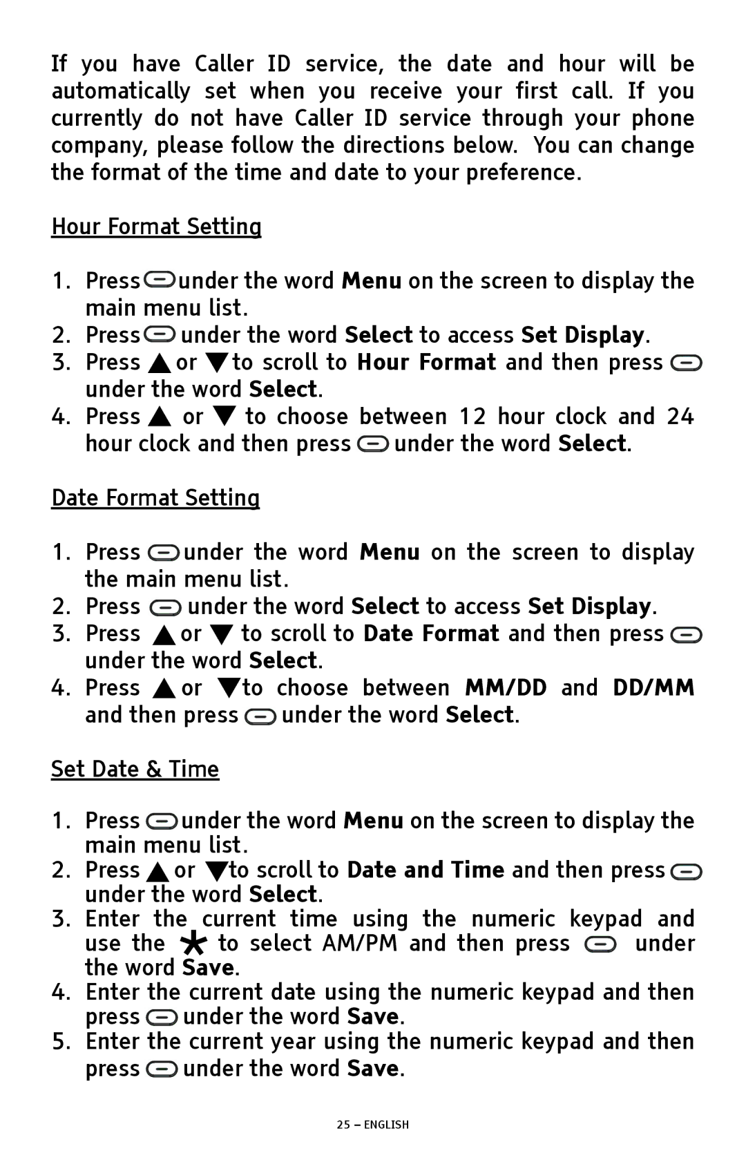 ClearSounds A1600 manual Hour Format Setting, Date Format Setting, Set Date & Time 