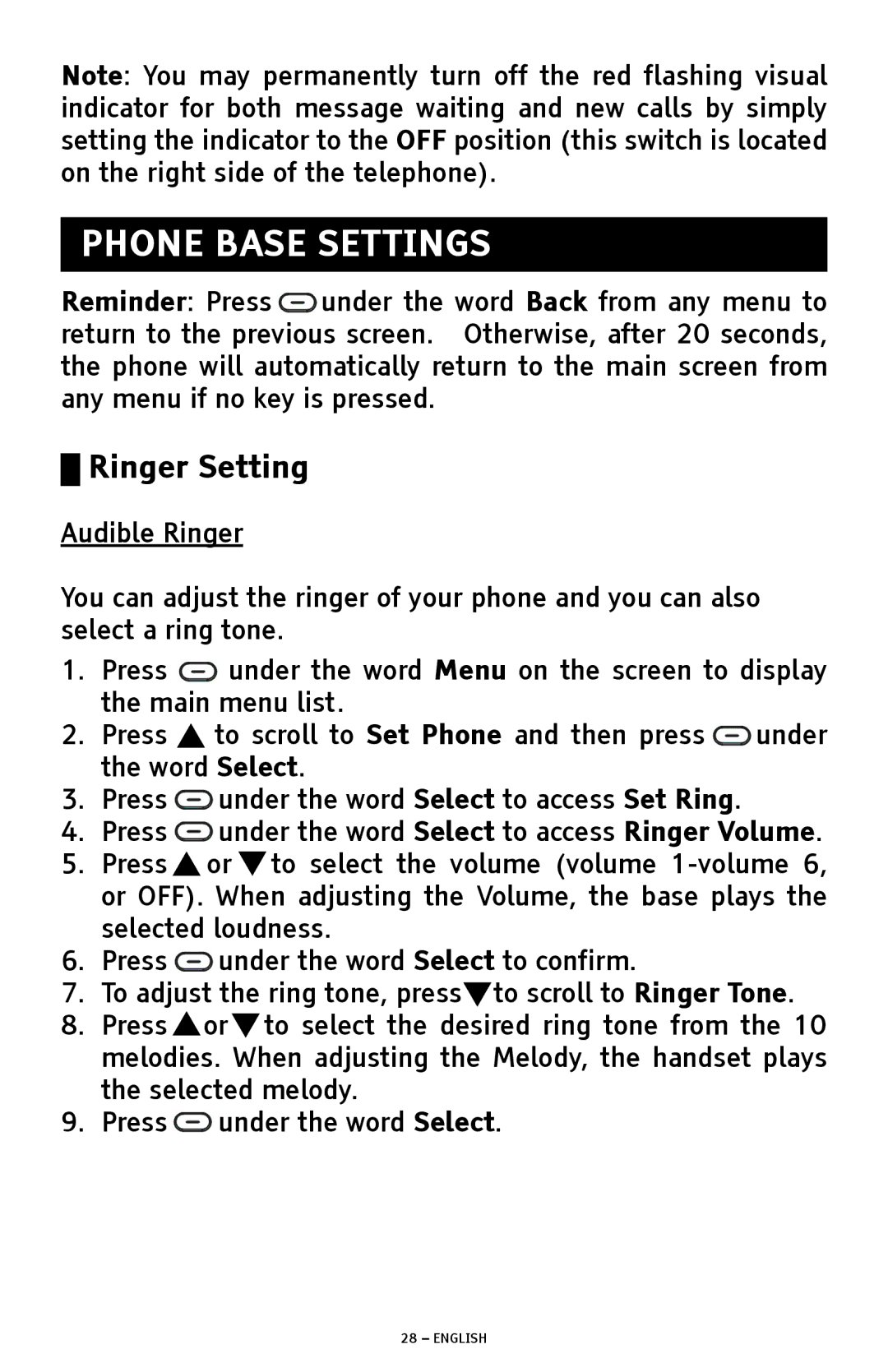 ClearSounds A1600 manual Phone Base Settings, Ringer Setting, Audible Ringer 