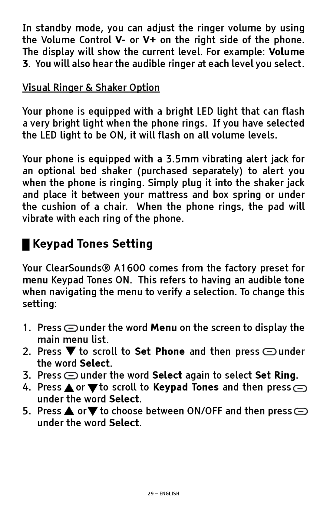 ClearSounds A1600 manual Keypad Tones Setting, Visual Ringer & Shaker Option 